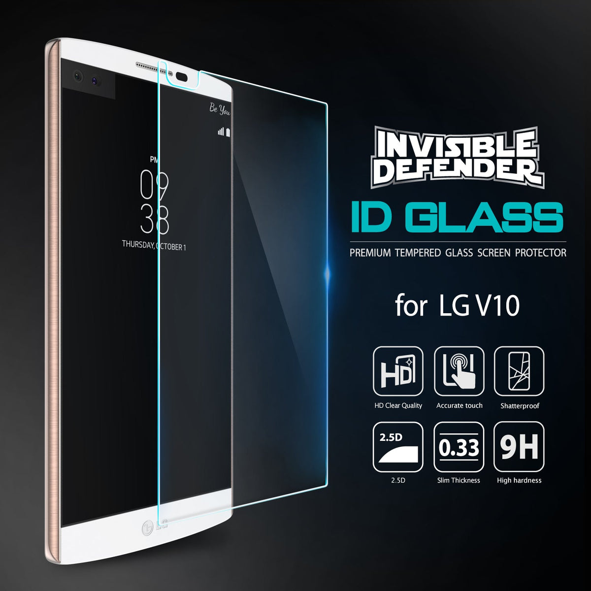 LG V10 Screen Protector | Invisible Defender Glass - LG V10 Screen Protector - Tempered glass sheet floating above an LG V10 smartphone with feature icons on a dark background.