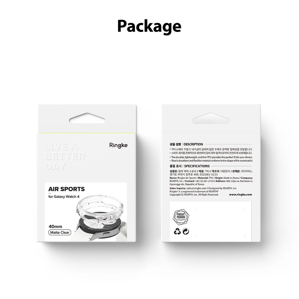 Galaxy Watch 4 (40mm) Case | Air Sports - Front and back view of the product packaging for a clear smartwatch case.