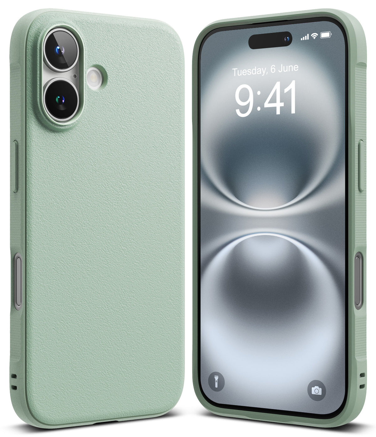 iPhone 16 Plus Case | Onyx - Mint green textured phone case shown from back and front with a digital clock display.