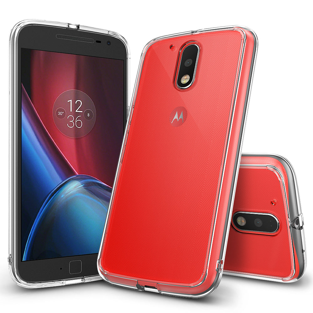 Moto G4 / G4 Plus Case | Fusion - Clear protective phone case on a red Moto G4 smartphone shown from front and back angles.