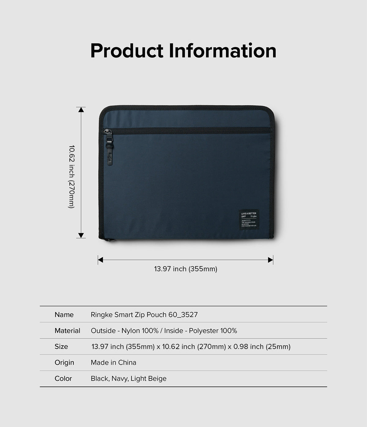 Pad Pouch | Smart Zip Pouch - Navy zippered tablet pouch with dimensions and product specifications listed below.