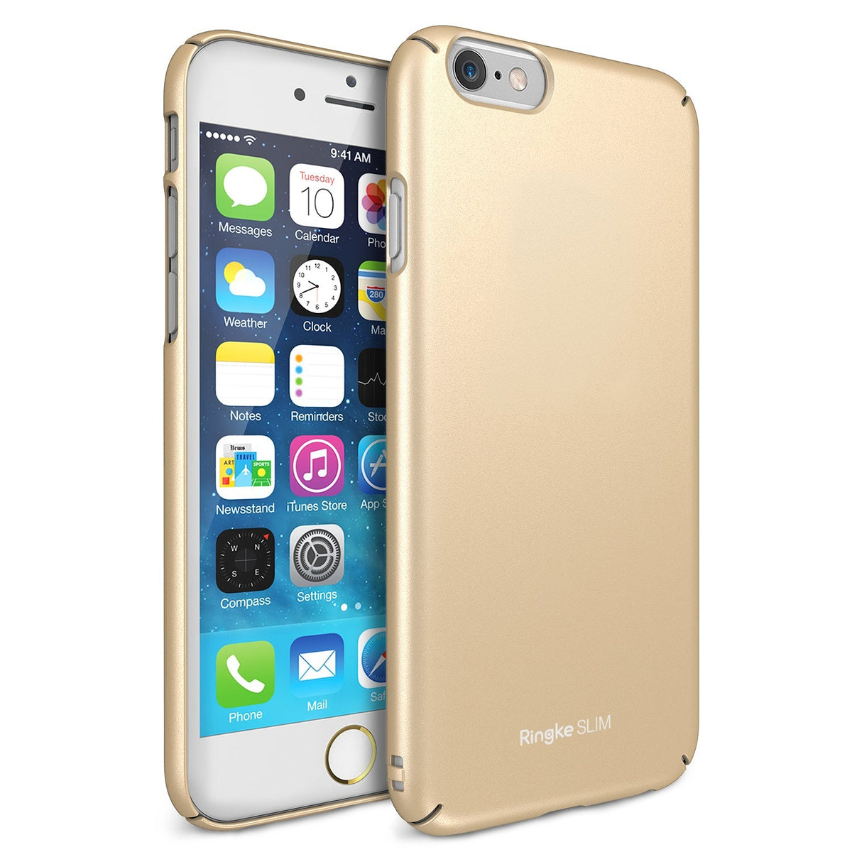 iPhone 6 Case | Slim - Metallic gold slim-fit case shown from front and back angles on a white iPhone 6.