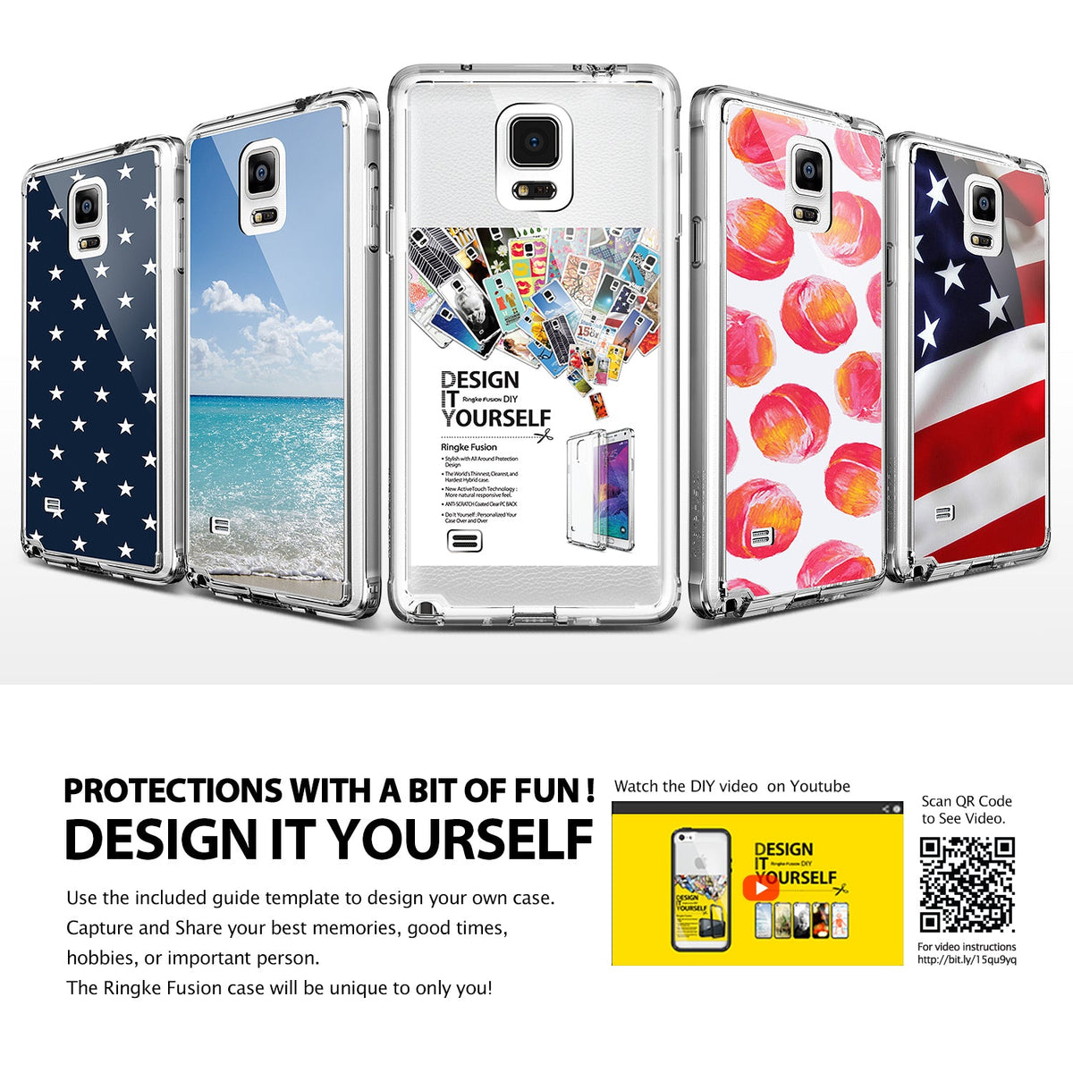 Galaxy Note 4 Case | Fusion - Five clear phone cases with various custom designs displayed against a white background.
