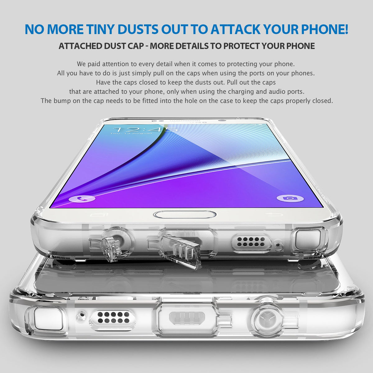 Galaxy Note 5 Case | Mirror - Clear phone case with integrated dust caps for charging and audio ports.