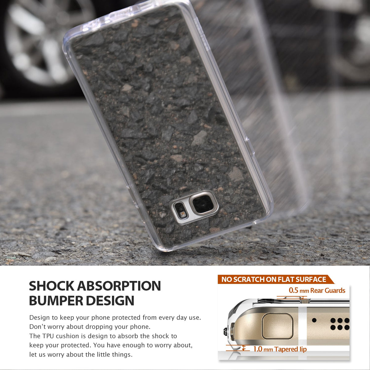 Galaxy Note 5 Case | Mirror - A reflective phone case falling toward asphalt, with an inset diagram showing protective bumper edges.