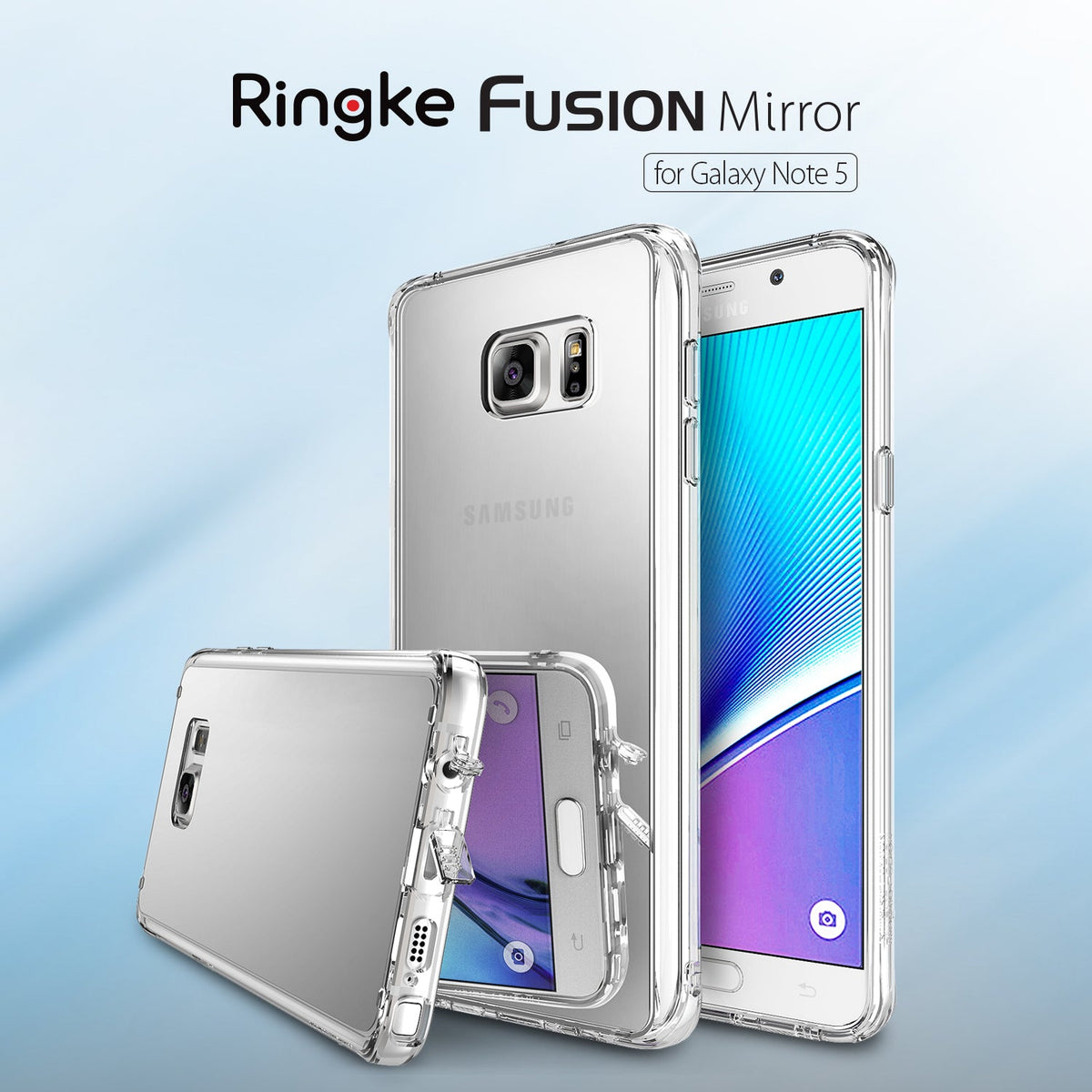 Galaxy Note 5 Case | Mirror - Two Galaxy Note 5 phones in clear, reflective mirror-finish protective cases against blue.