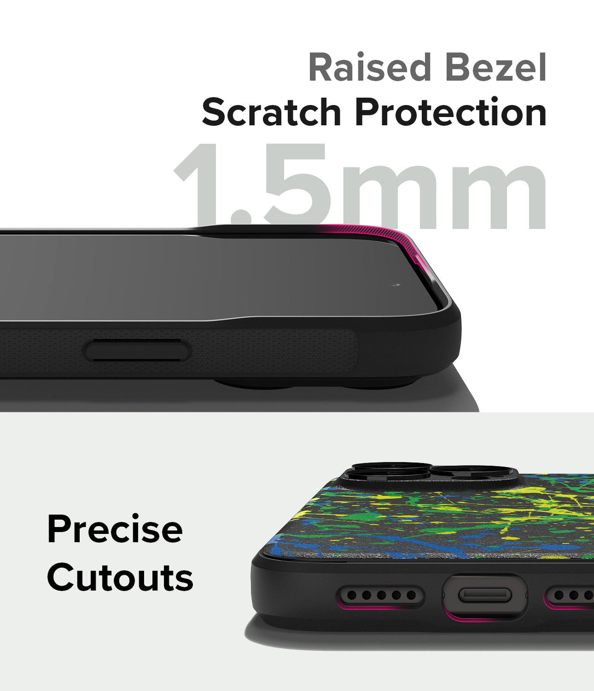 iPhone 15 Pro Case | Onyx Design - Close-up of phone case showing 1.5mm raised bezel for screen protection and precise port cutouts.
