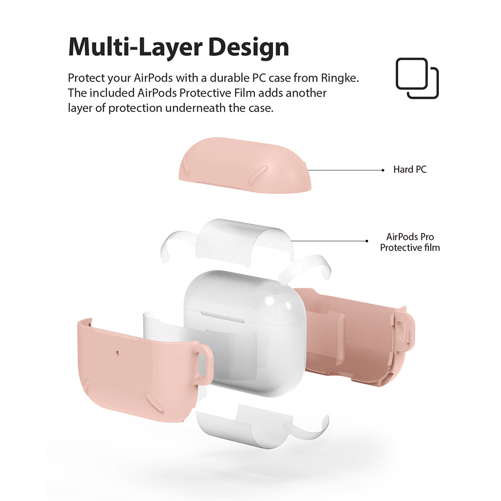 AirPods Pro Case - Peach Pink - Exploded view of a peach pink protective case and film layers surrounding white AirPods Pro.