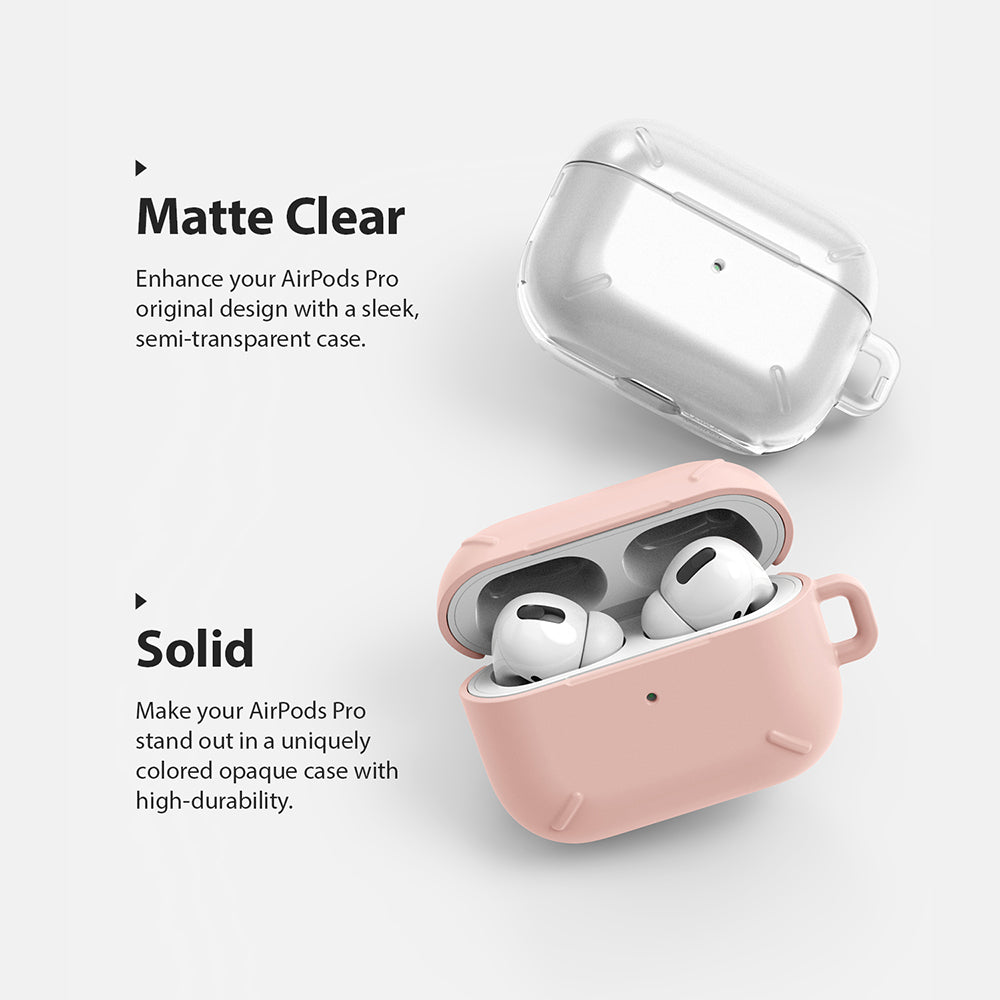 AirPods Pro Case - Peach Pink - A matte clear case and an open peach pink case holding AirPods Pro earbuds.