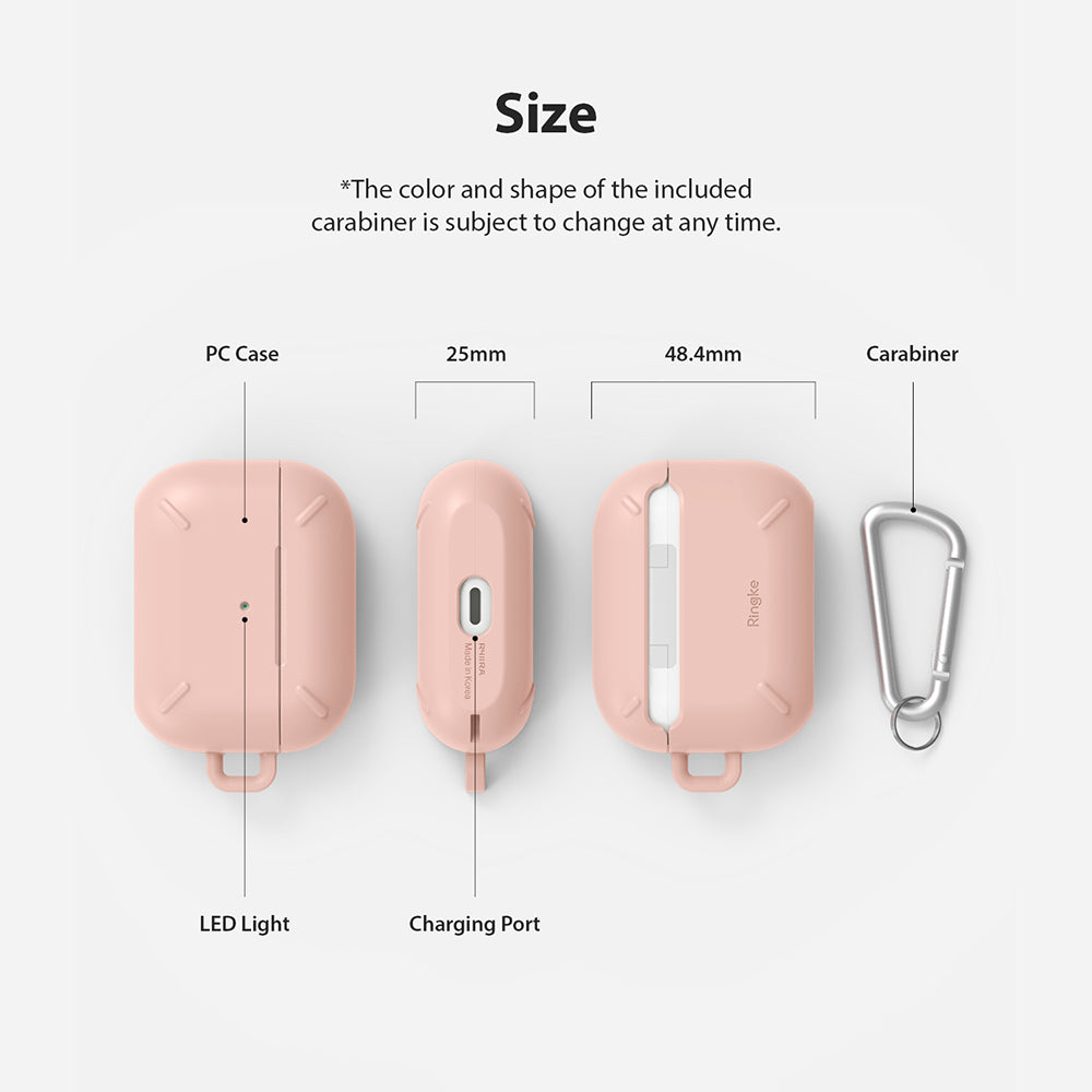 AirPods Pro Case - Peach Pink - Diagram showing dimensions and components of a peach pink AirPods Pro case with a carabiner.