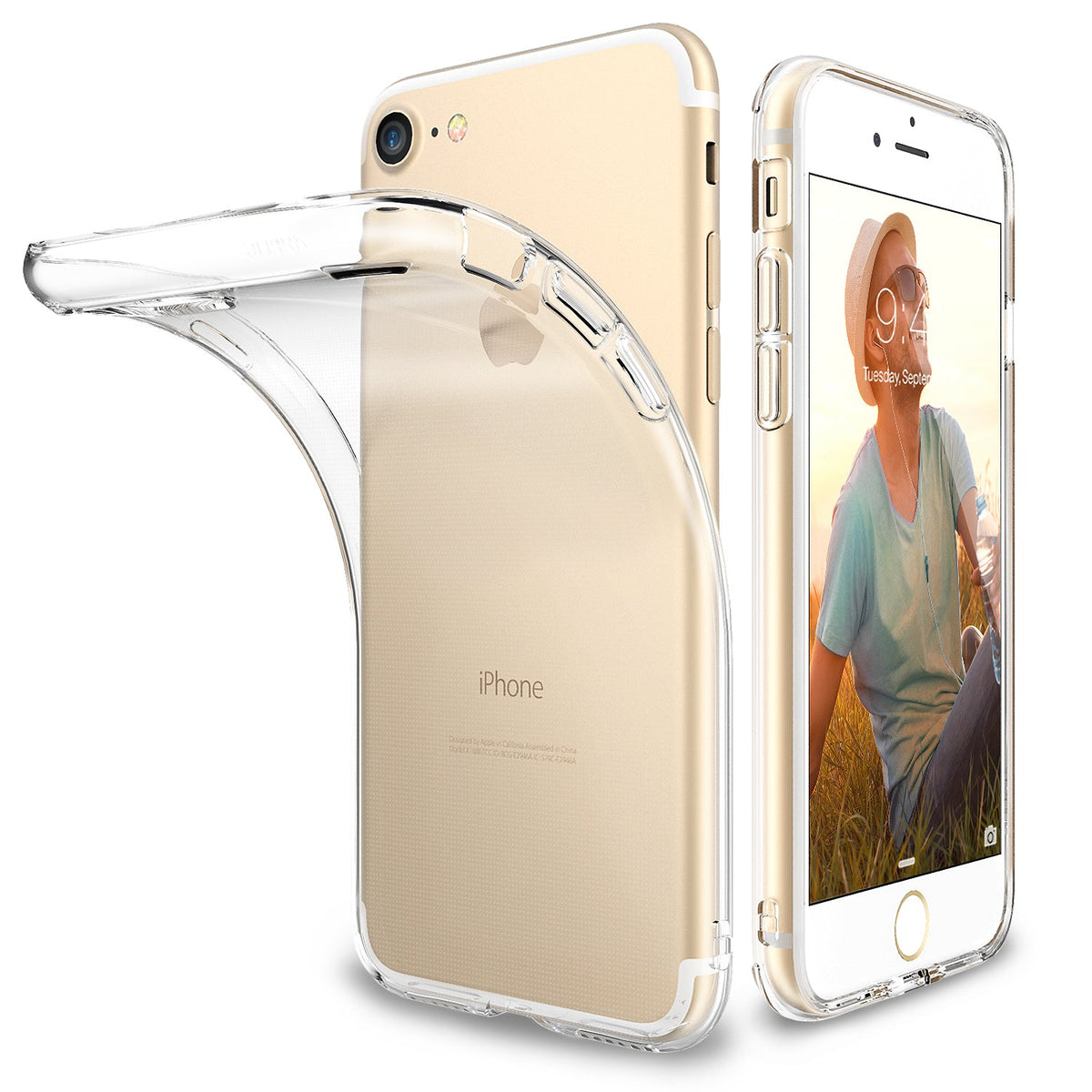 iPhone 8 / 7 Case | Air - A flexible, clear protective case partially peeled away from a gold iPhone 7.