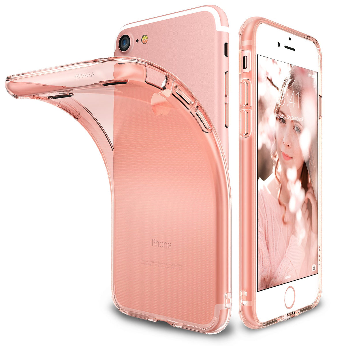 iPhone 8 / 7 Case | Air - Rose gold iPhone with a flexible, transparent protective case partially peeled off the back.