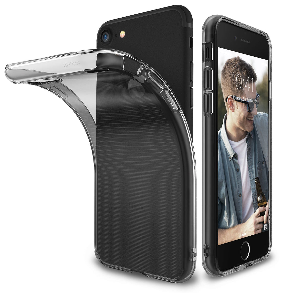 iPhone 8 / 7 Case | Air - A clear, flexible phone case shown partially peeled off a black iPhone 7/8 and fully installed.