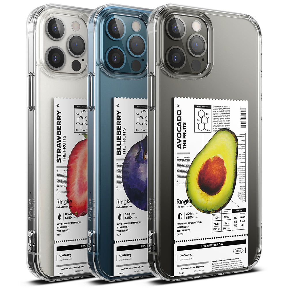 iPhone 12 Pro Max Case | Fusion Design Fruit - Three clear phone cases featuring strawberry, blueberry, and avocado labels.