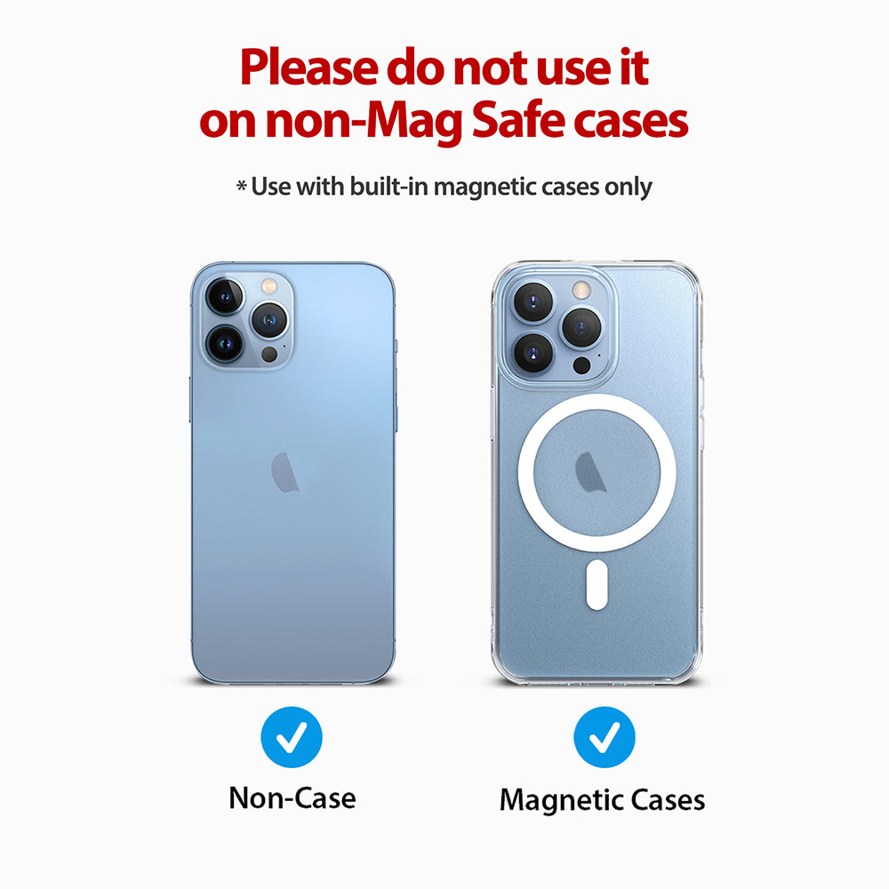 Card Holder | Magnetic Slot - Comparison of a phone without a case and a phone with a magnetic case, warning against non-MagSafe use.