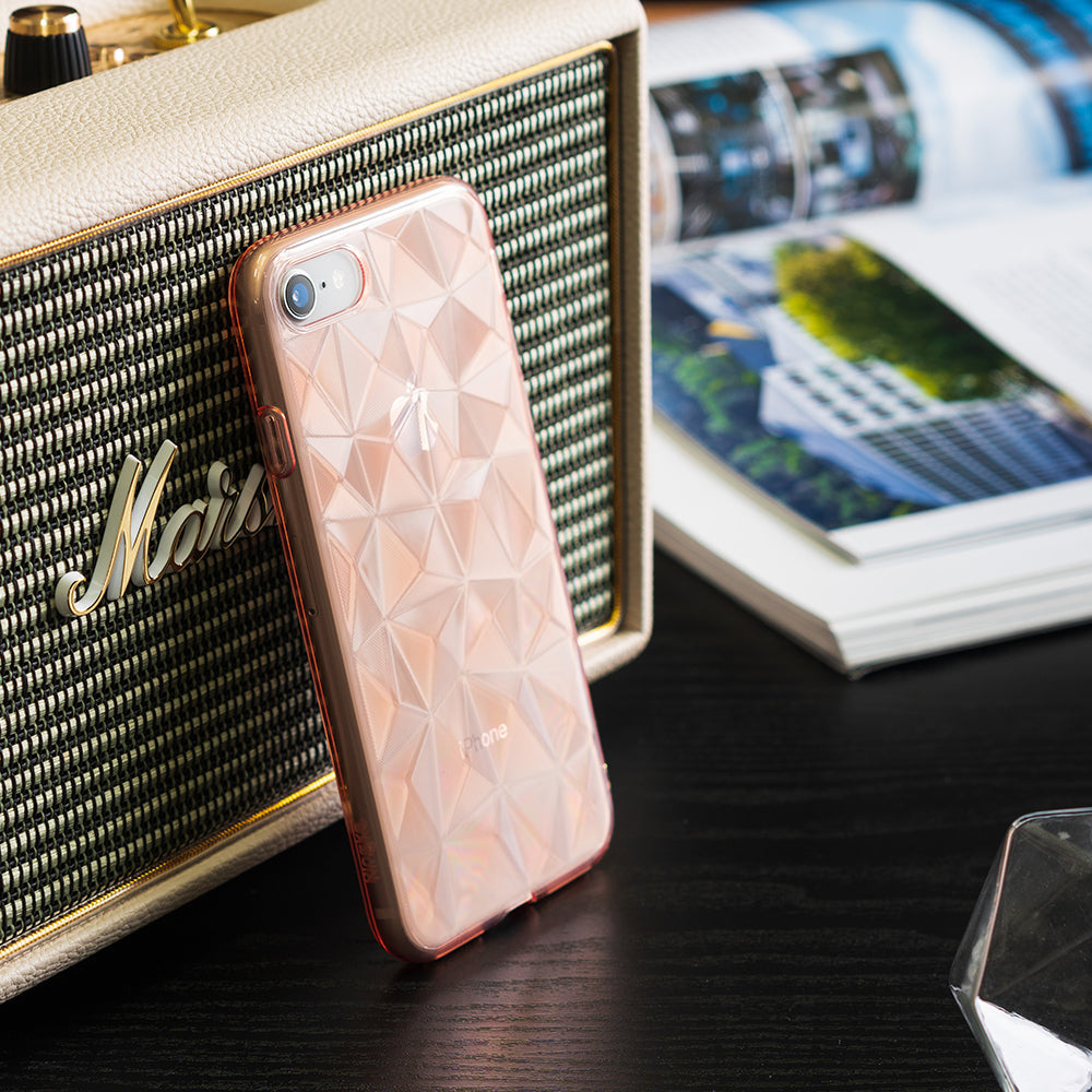 iPhone 8 / 7 Case | Air Prism - Rose gold geometric prism-patterned phone case leaning against a vintage-style speaker.