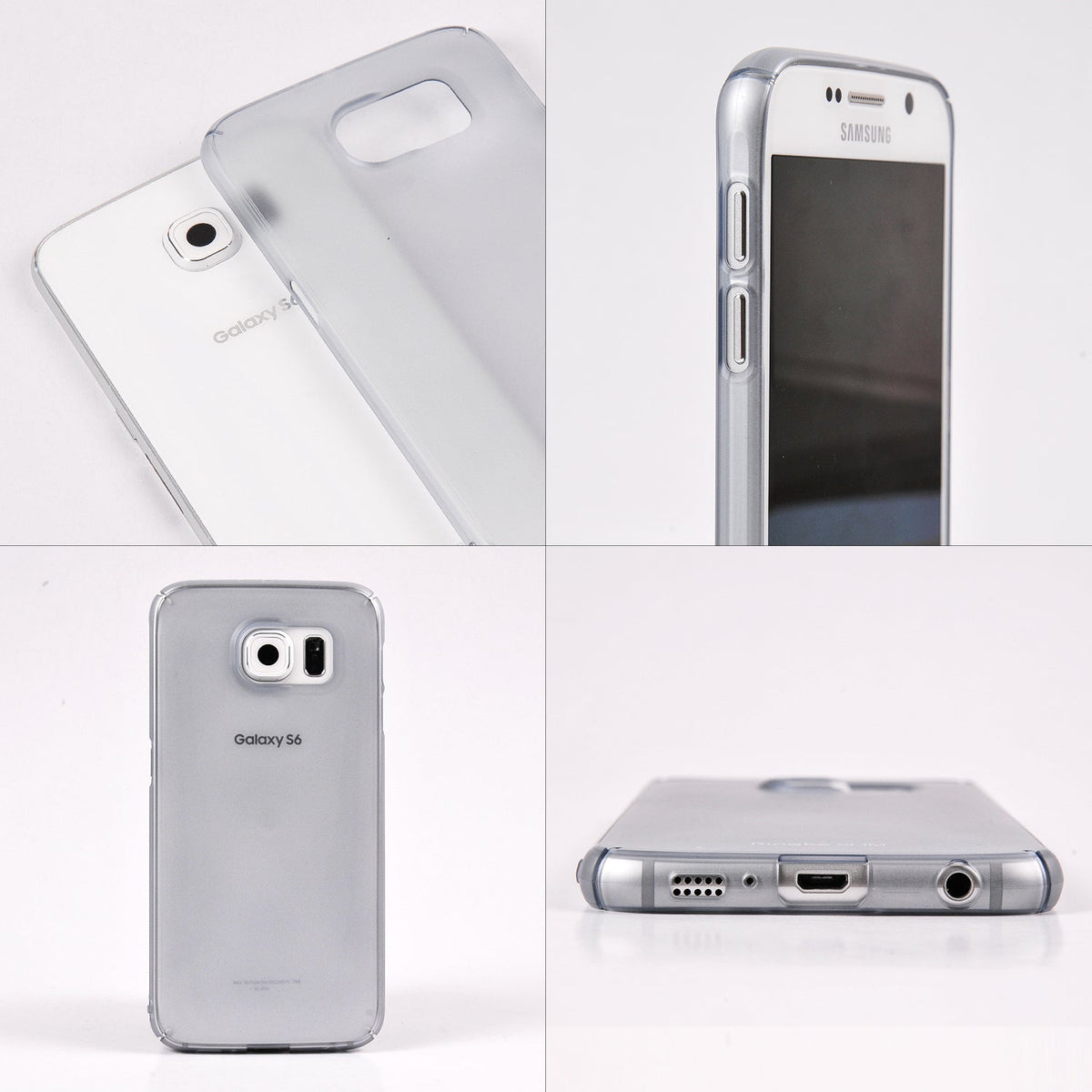 Galaxy S6 Case | Slim - Four views of a translucent gray slim case on a white Samsung Galaxy S6 smartphone.