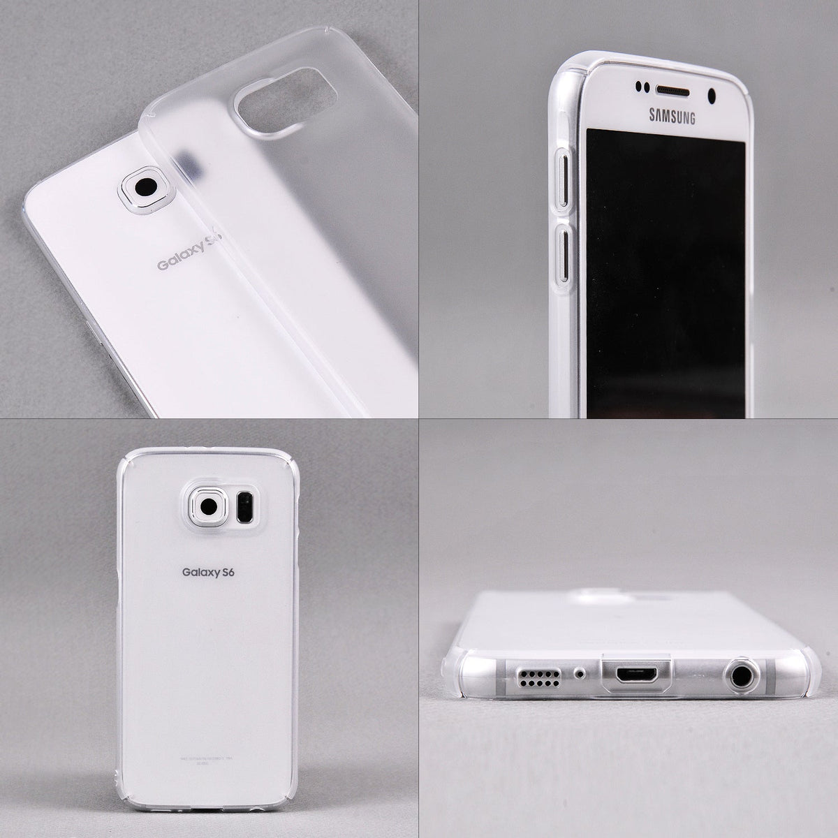 Galaxy S6 Case | Slim - Four views of a clear, slim protective case on a white Samsung Galaxy S6 smartphone.