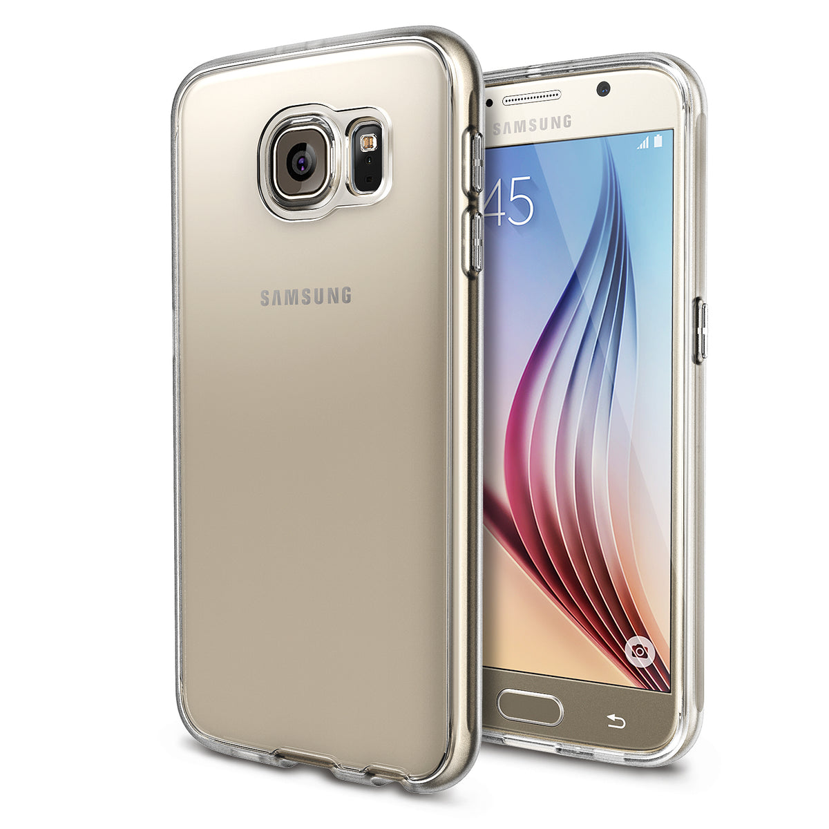 Galaxy S6 Case | Flex - Clear - Gold Samsung Galaxy S6 inside a transparent, flexible protective case.