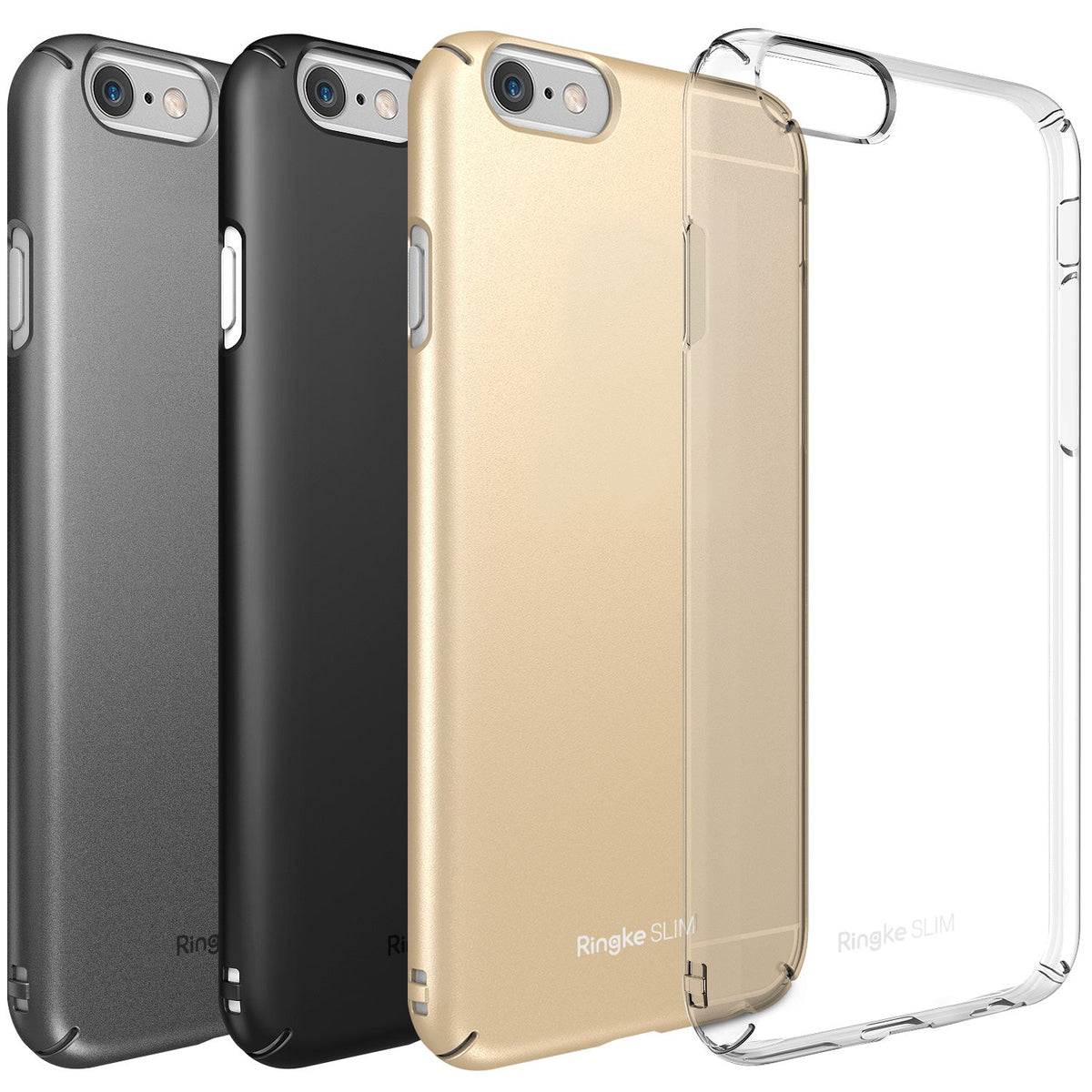 iPhone 6 Case | Slim - Four slim iPhone 6 cases in metallic gray, matte black, gold, and clear arranged in a row.