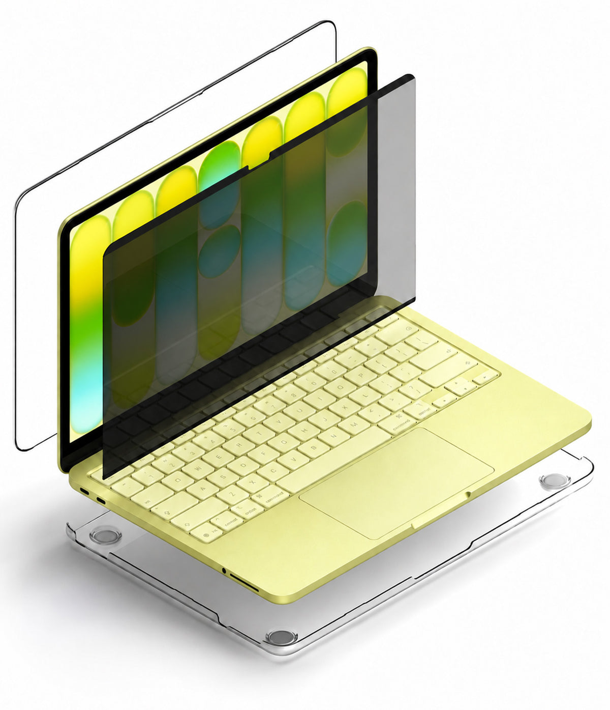 MacBook Neo Case + Protector - A pale yellow laptop shown with transparent screen protectors and a clear protective cover floating around it on a white background.
