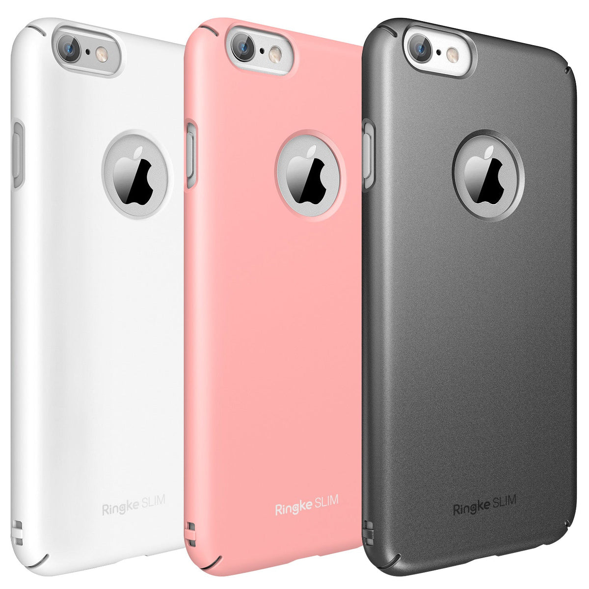 iPhone 6 Plus Case | Slim Logo-Cut - Three slim phone cases in white, pink, and gray with circular cutouts for the Apple logo.