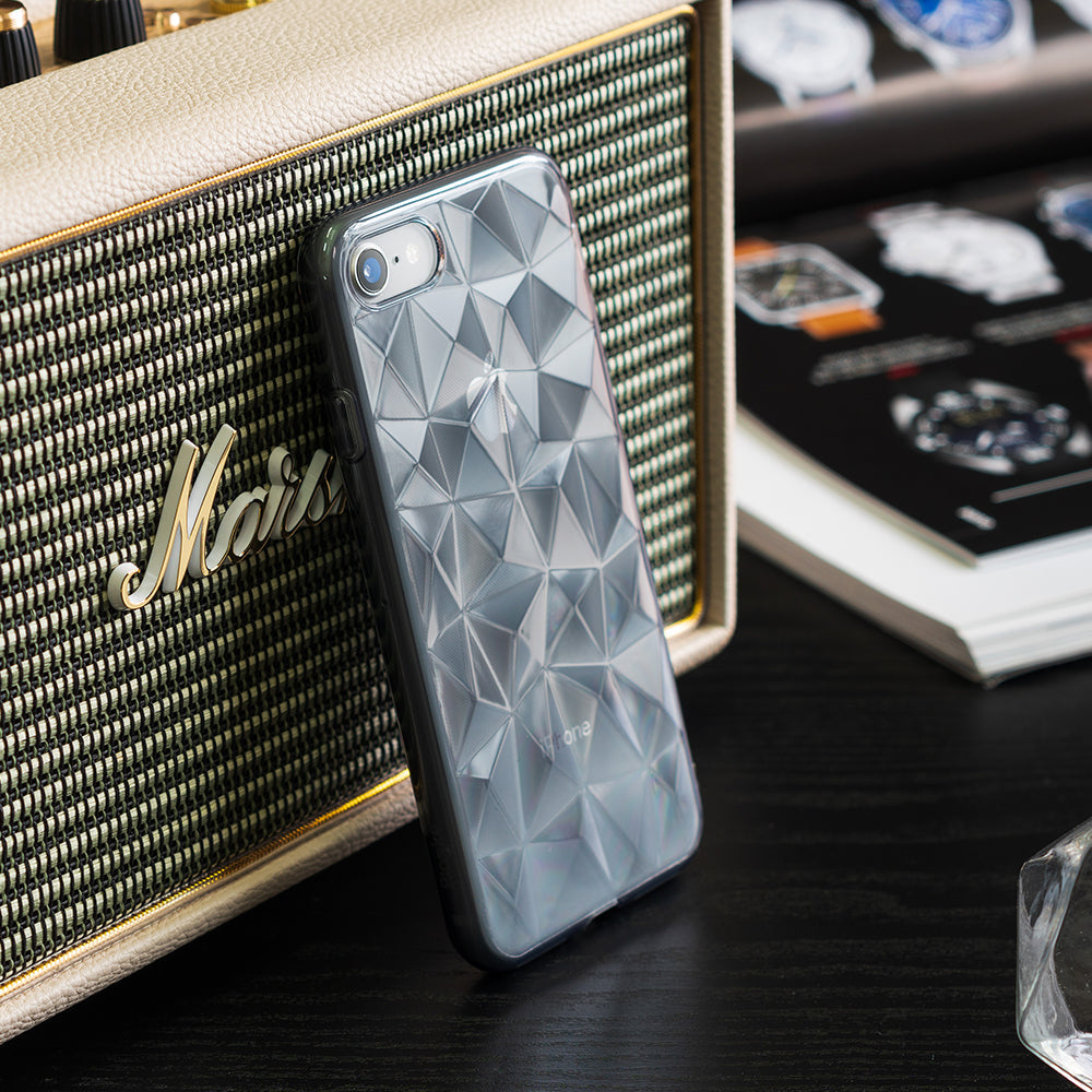 iPhone 8 / 7 Case | Air Prism - Smoke black phone case with a geometric, faceted prism pattern leaning against a vintage speaker.