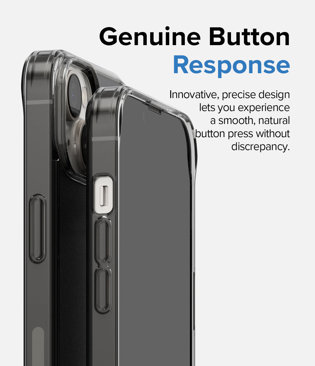iPhone 14 Plus Case | Fusion Matte - Close-up of a smoke-colored matte phone case highlighting precise, tactile button cutouts.