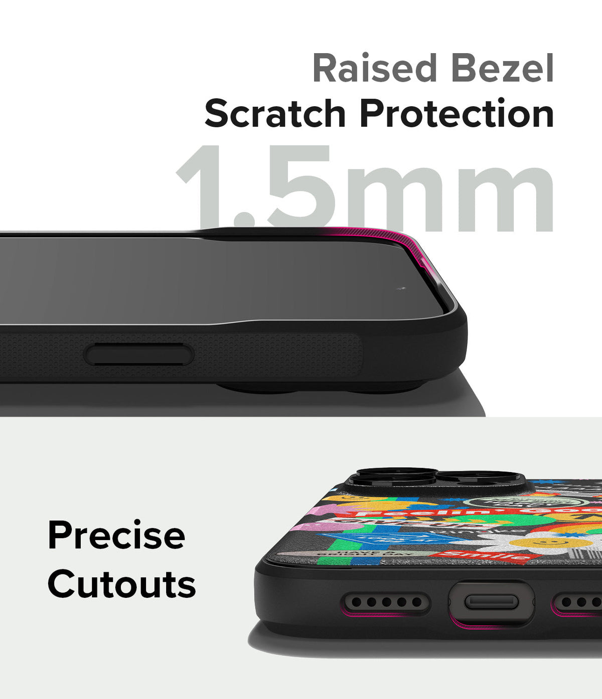 iPhone 15 Pro Case | Onyx Design - Close-up of phone case showing 1.5mm raised bezel protection and precise bottom cutouts.