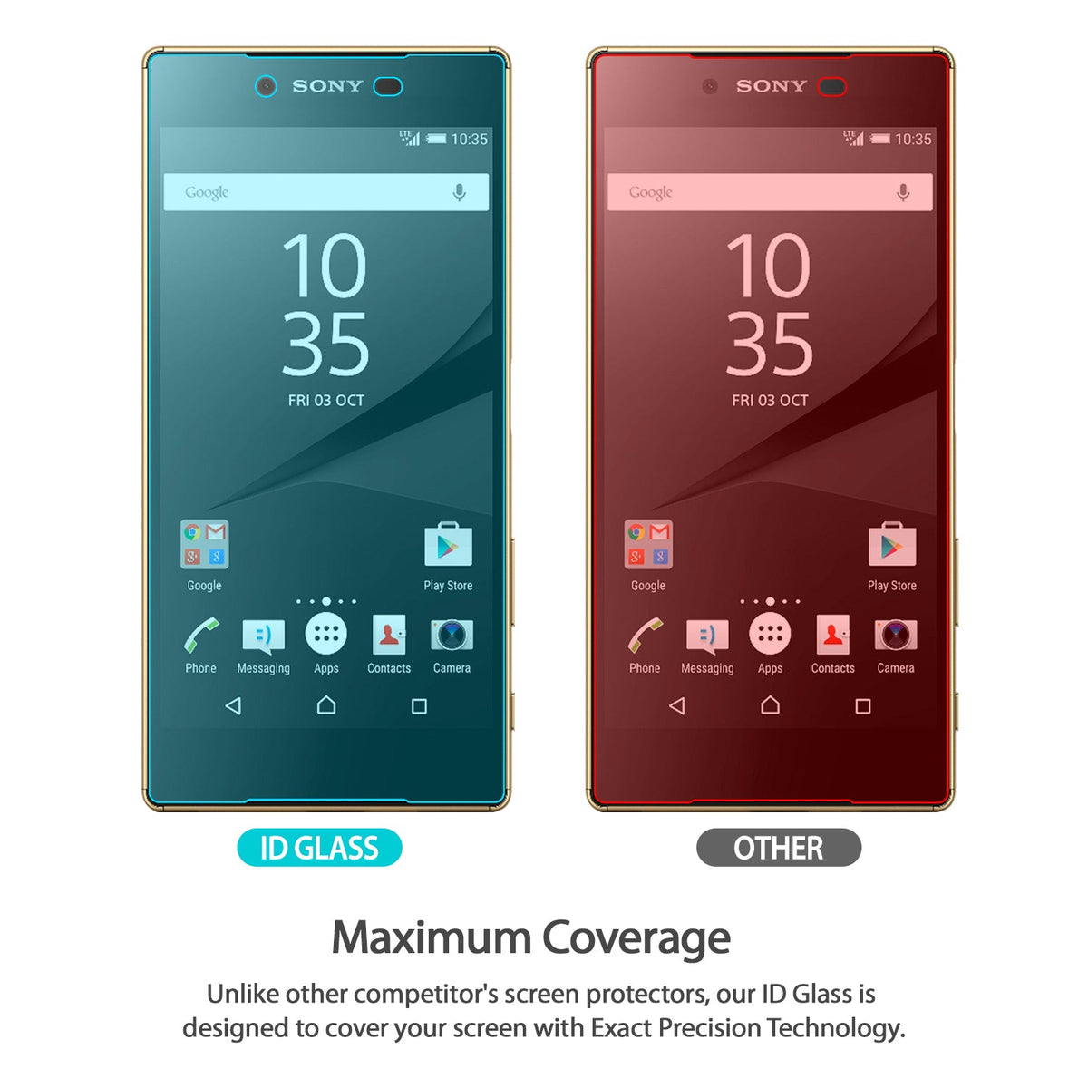 Xperia Z5 Premium Screen Protector | Invisible Defender Glass - Xperia Z5 Premium Screen Protector - Comparison showing ID Glass with full screen coverage versus a smaller competitor.