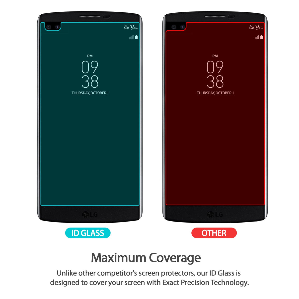 LG V10 Screen Protector | Invisible Defender Glass - Comparison of ID Glass covering the full screen vs. a smaller competitor.