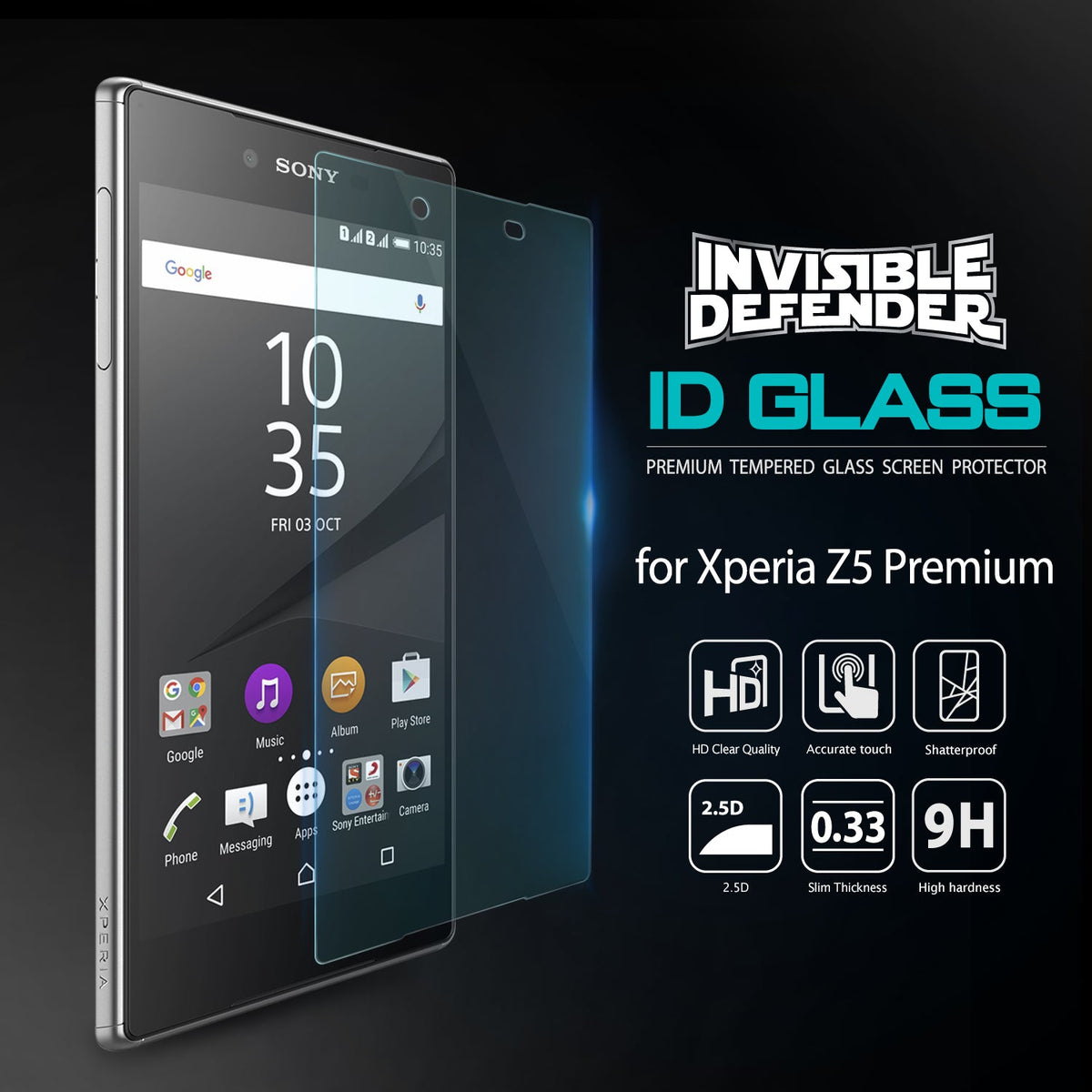 Xperia Z5 Premium Screen Protector | Invisible Defender Glass - Xperia Z5 Premium Screen Protector - Tempered glass film hovering over a Sony Xperia Z5 smartphone with feature icons.