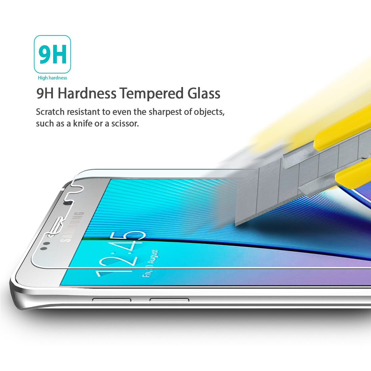 Galaxy Note 5 Screen Protector | Glass - Galaxy Note 5 Screen Protector - A utility knife blade scrapes across a 9H tempered glass screen protector on a smartphone.