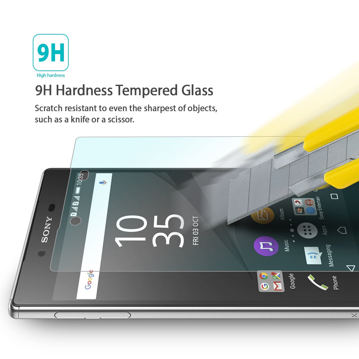 Xperia Z5 Premium Screen Protector | Invisible Defender Glass - Xperia Z5 Premium Screen Protector - A utility knife blade scratches a 9H tempered glass protector on a Sony smartphone.