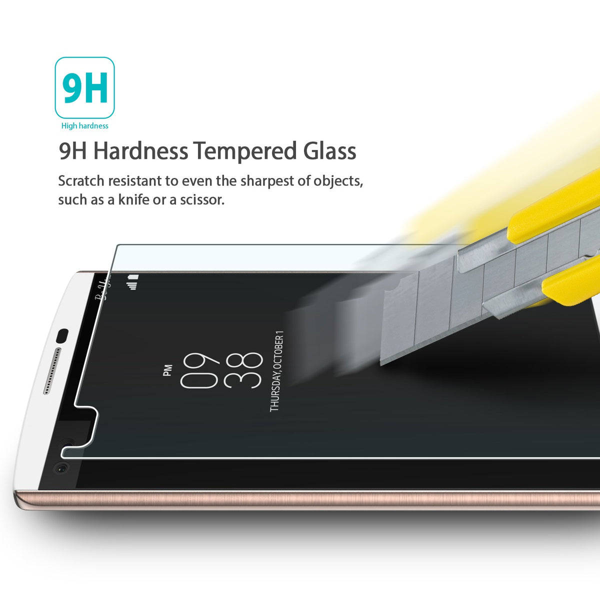 LG V10 Screen Protector | Invisible Defender Glass - LG V10 Screen Protector - A utility knife blade scratches a 9H tempered glass screen protector on an LG V10 smartphone.