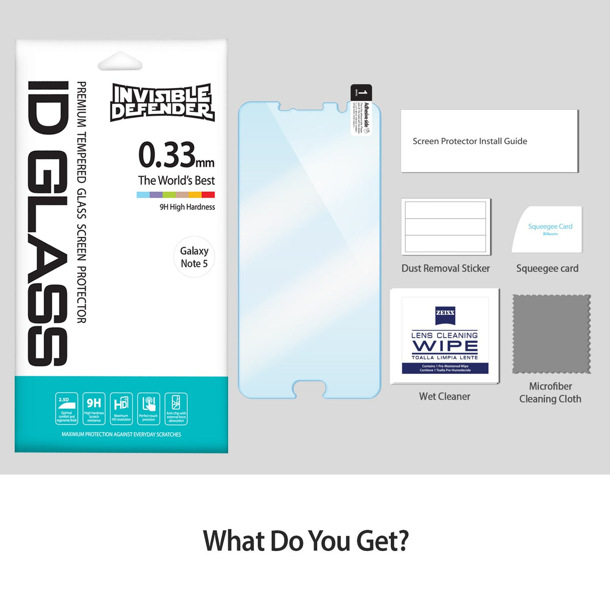 Galaxy Note 5 Screen Protector | Glass - Galaxy Note 5 Screen Protector - Glass screen protector kit with installation guide, squeegee, dust stickers, and cloth.
