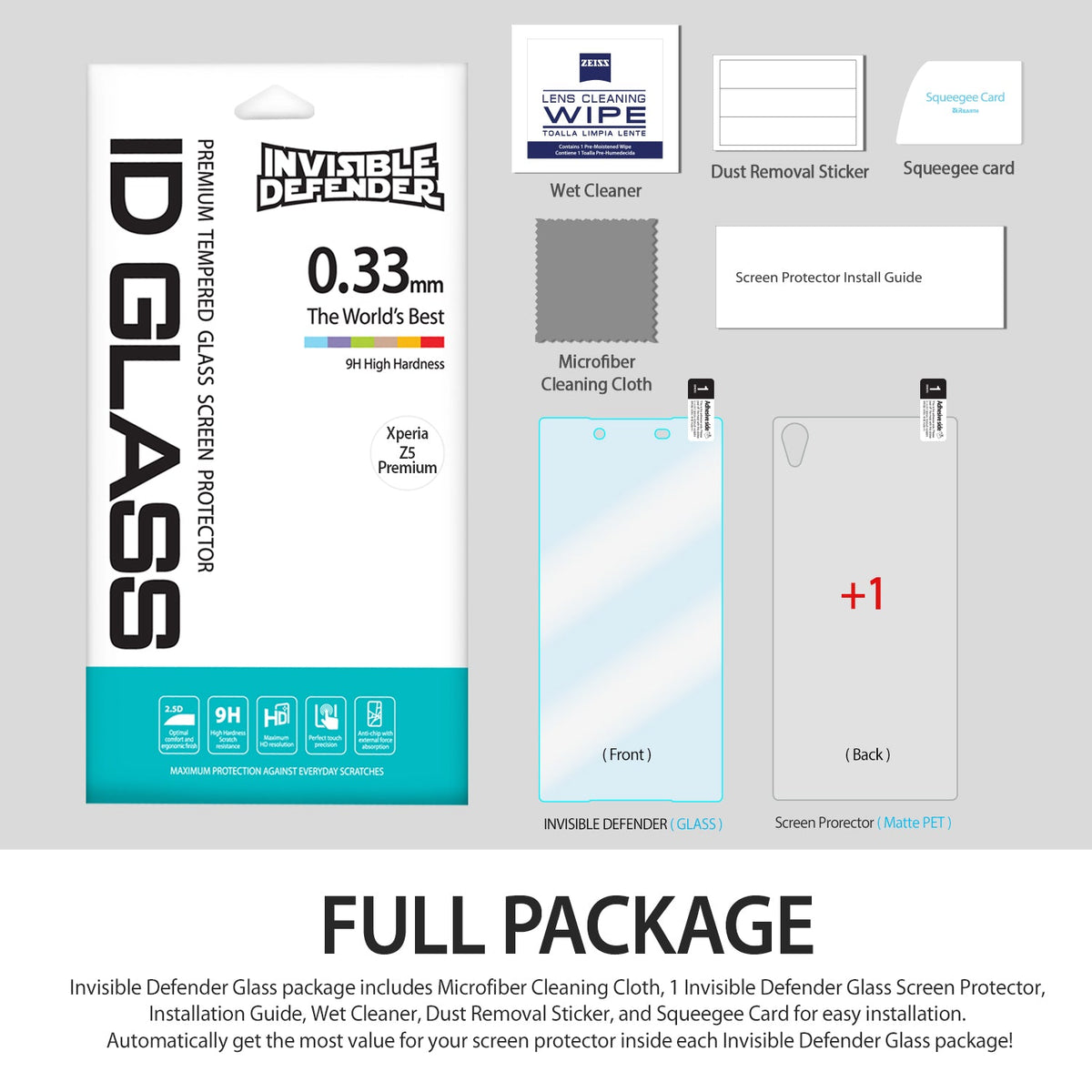 Xperia Z5 Premium Screen Protector | Invisible Defender Glass - Xperia Z5 Premium Screen Protector - Invisible Defender glass kit with cleaning cloth, wet wipe, squeegee, and two protectors.