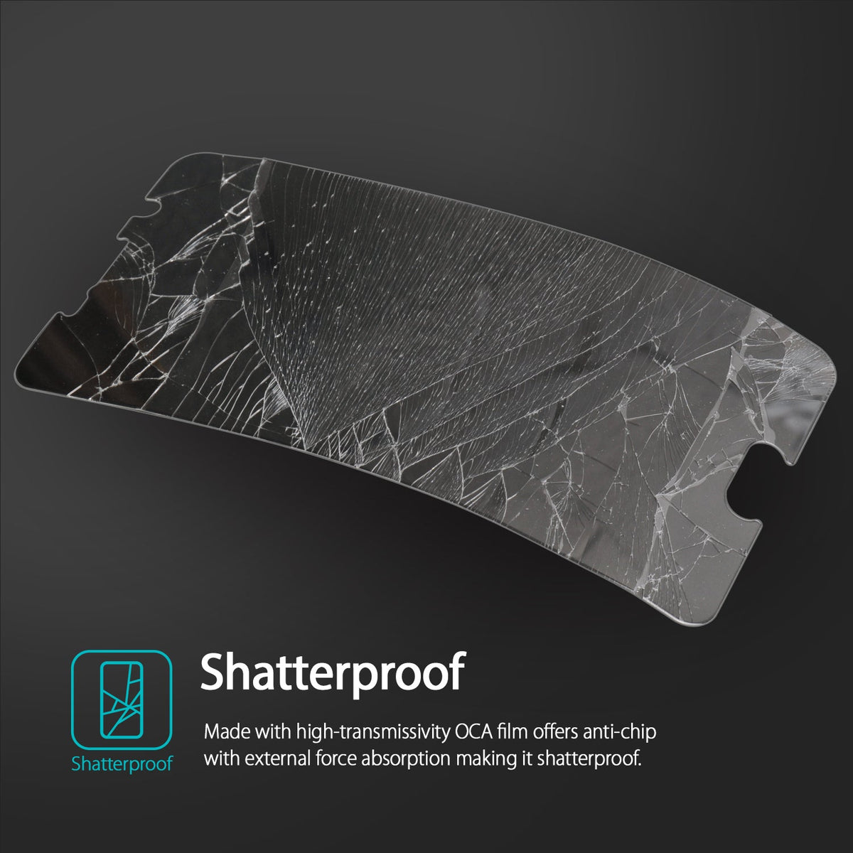 Galaxy Note 5 Screen Protector | Glass - Galaxy Note 5 Screen Protector - A shattered glass screen protector on a dark background with a shatterproof feature icon.