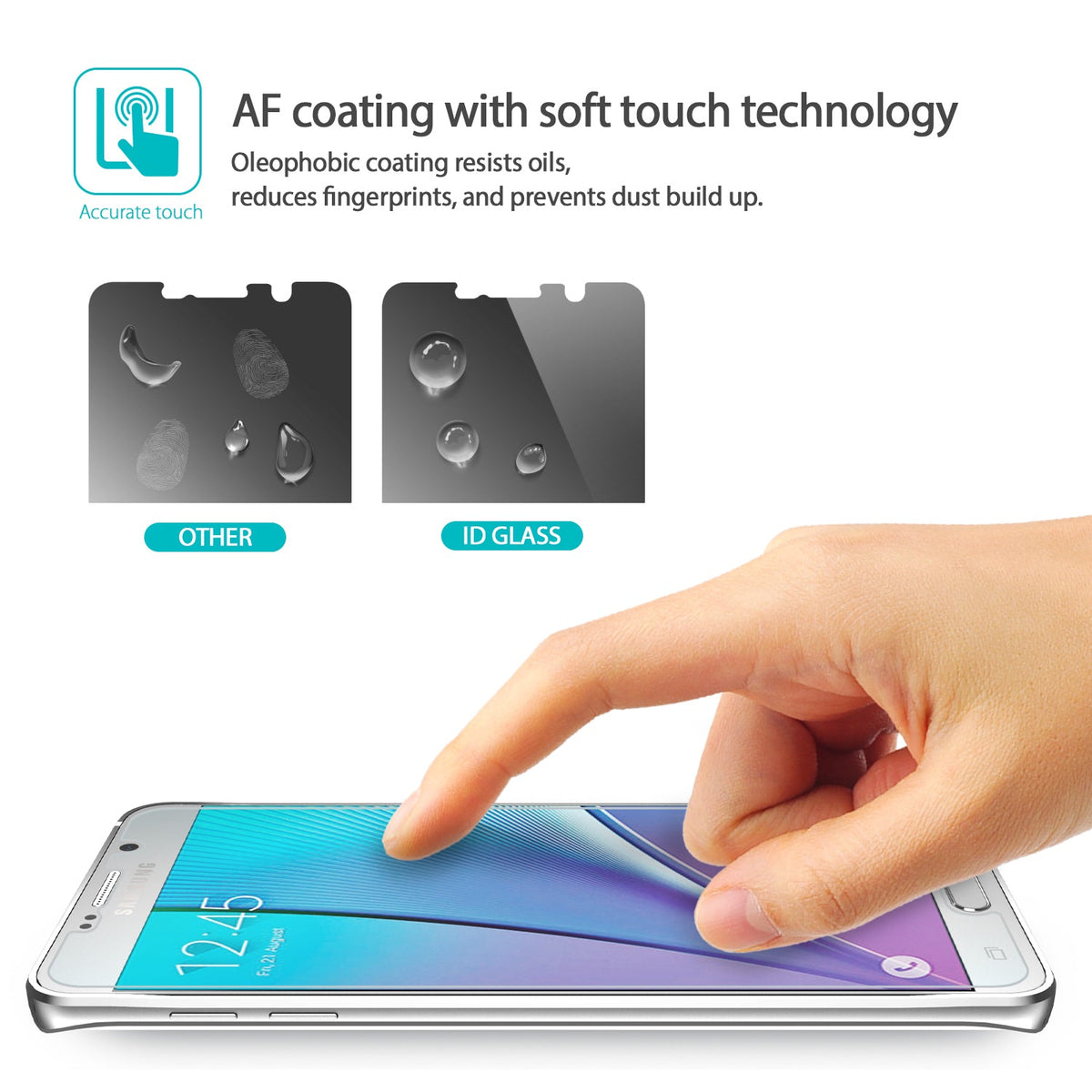 Galaxy Note 5 Screen Protector | Glass - Galaxy Note 5 Screen Protector - Comparison showing ID Glass repelling water droplets versus fingerprints on other glass.