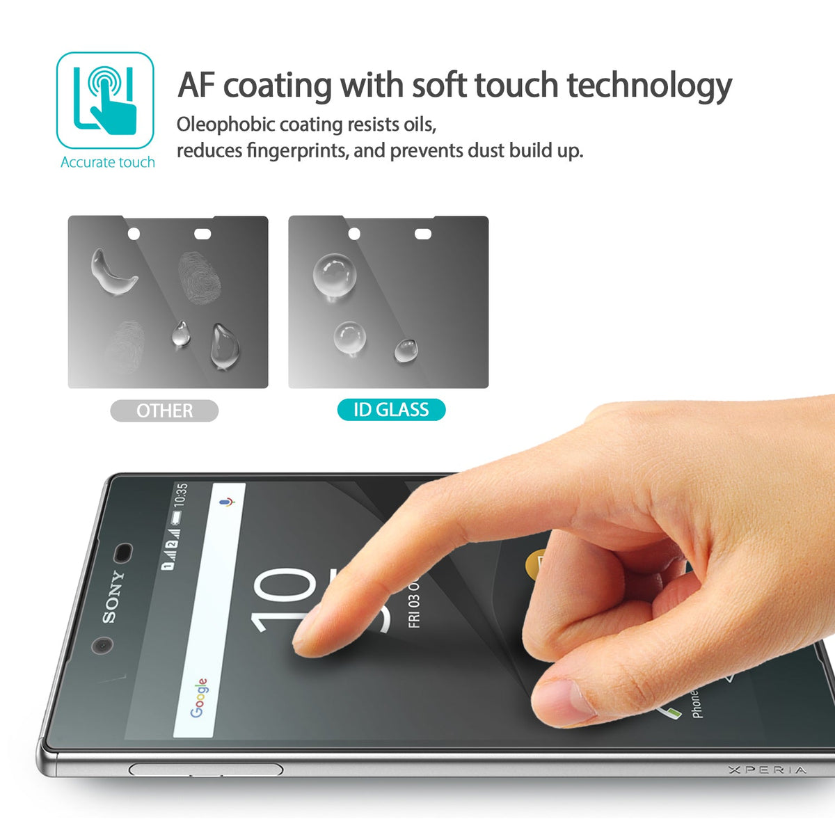 Xperia Z5 Premium Screen Protector | Invisible Defender Glass - Xperia Z5 Premium Screen Protector - Finger touching phone screen, comparing oleophobic coating to standard glass.