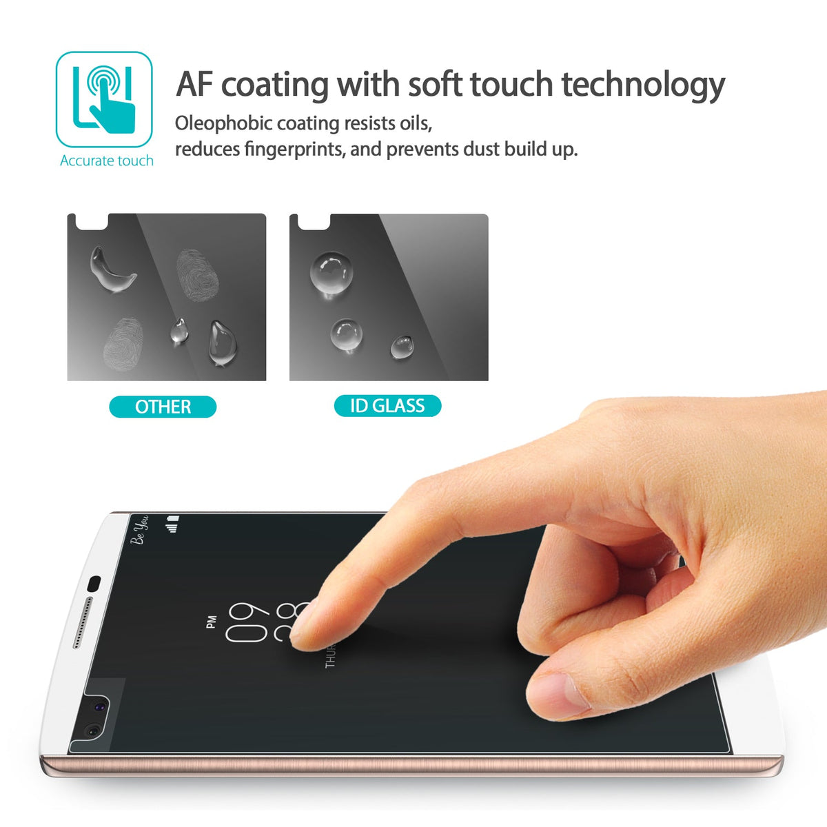 LG V10 Screen Protector | Invisible Defender Glass - LG V10 Screen Protector - Finger touching phone screen with comparison showing oleophobic coating repelling water and oil.
