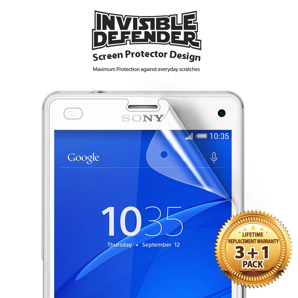 Xperia Z3 Compact Screen Protector | Invisible Defender - Xperia Z3 Compact Screen Protector - Invisible Defender film being applied to a Sony smartphone with a 3+1 pack seal.