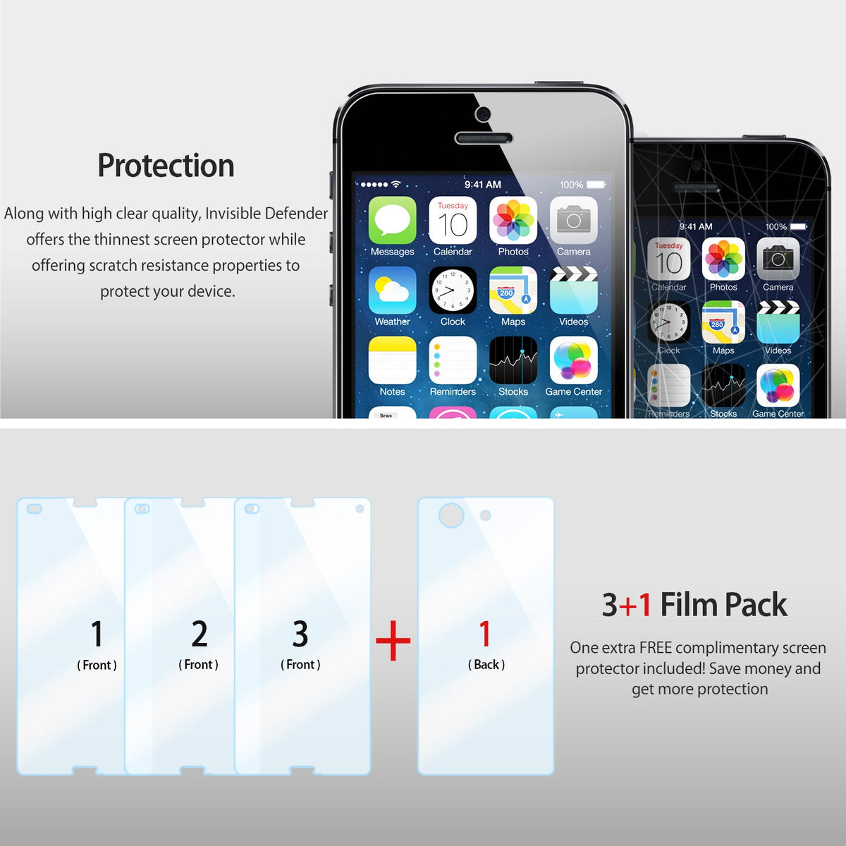 Xperia Z3 Compact Screen Protector | Invisible Defender - Xperia Z3 Compact Screen Protector - Two smartphones with clear screen protectors and a 3+1 film pack bundle graphic.