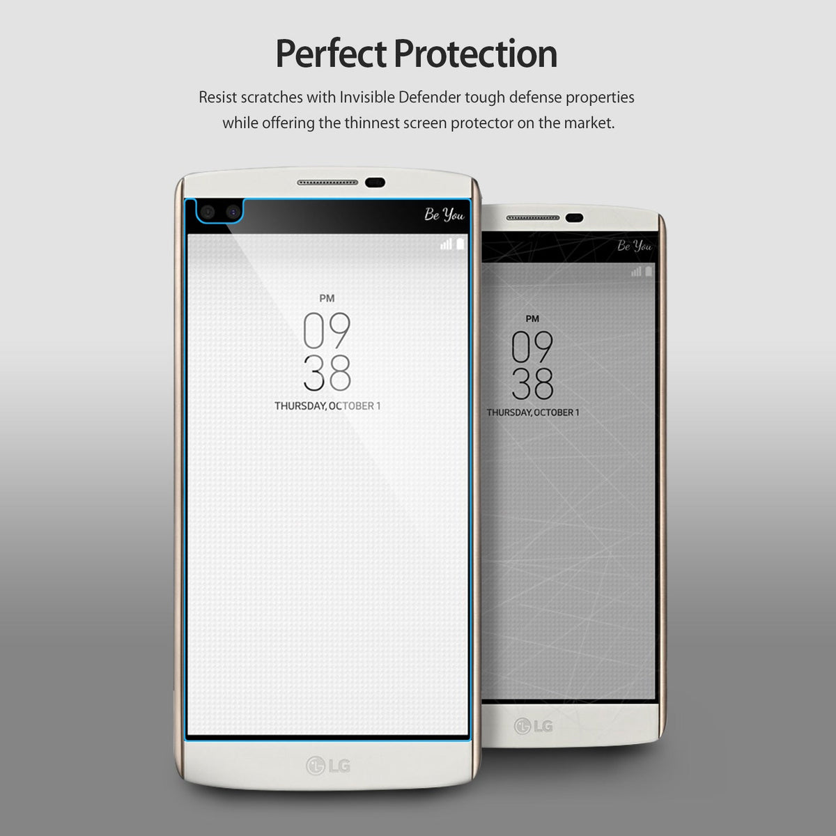 LG G4 Screen Protector | Invisible Defender - Two LG G4 smartphones, one with a clear screen protector applied.