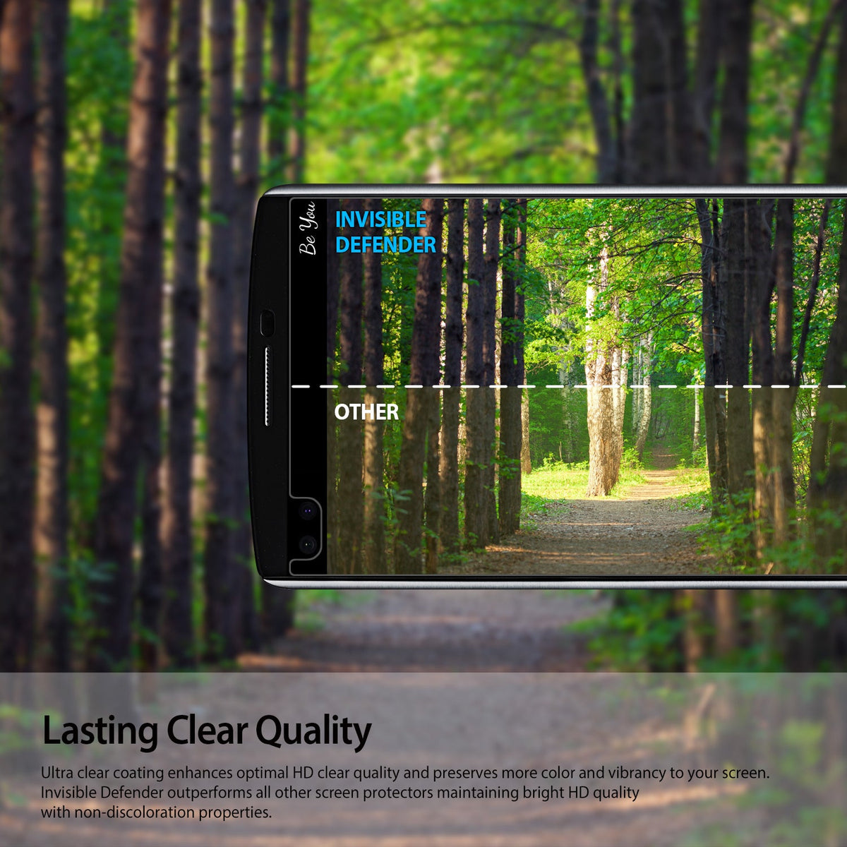 LG G4 Screen Protector | Invisible Defender - LG G4 Screen Protector - Comparison showing Invisible Defender's bright, clear forest display versus a duller other brand.