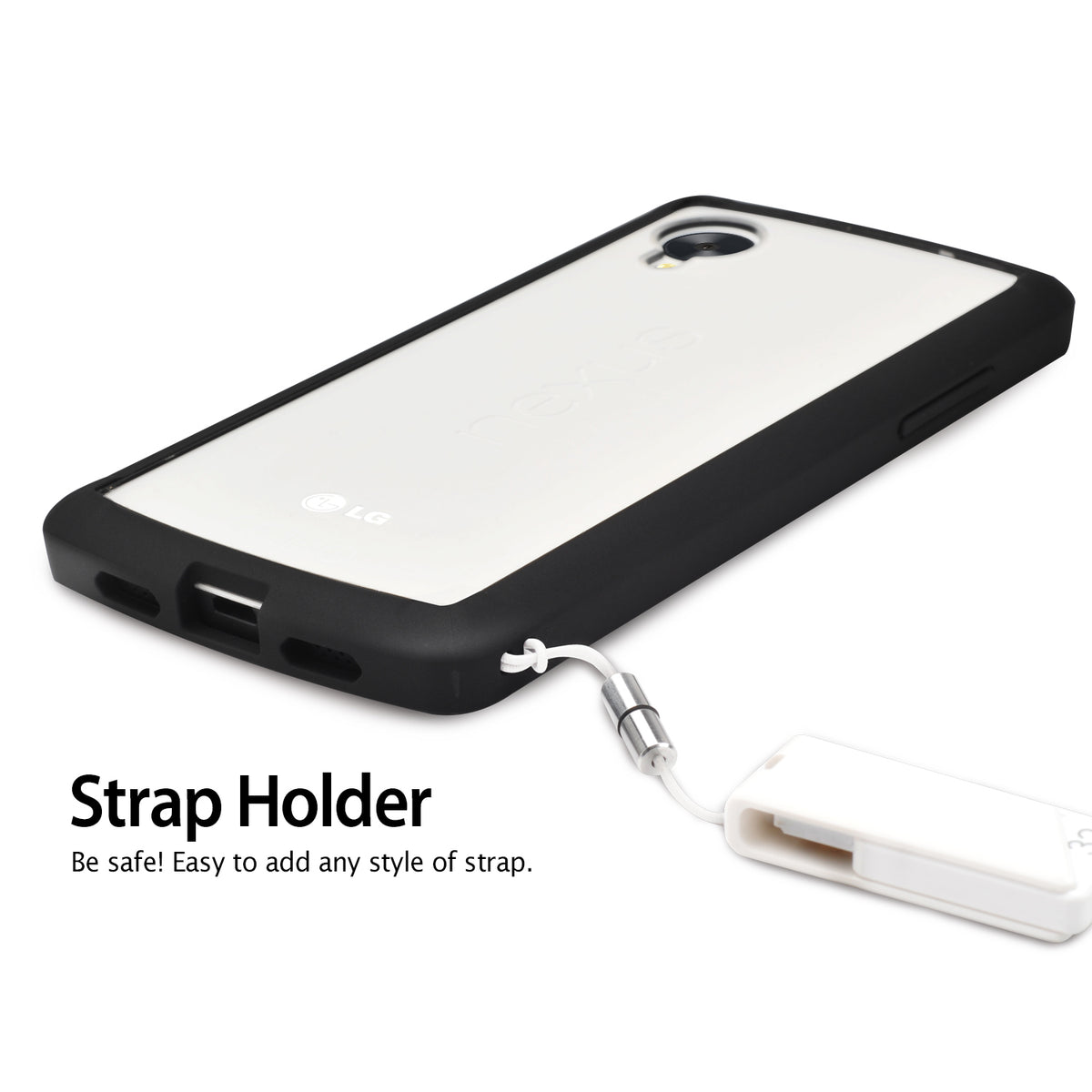 Google Nexus 5 Case | Fusion - Black - Black protective case on a Nexus 5 phone with a white wrist strap attached.