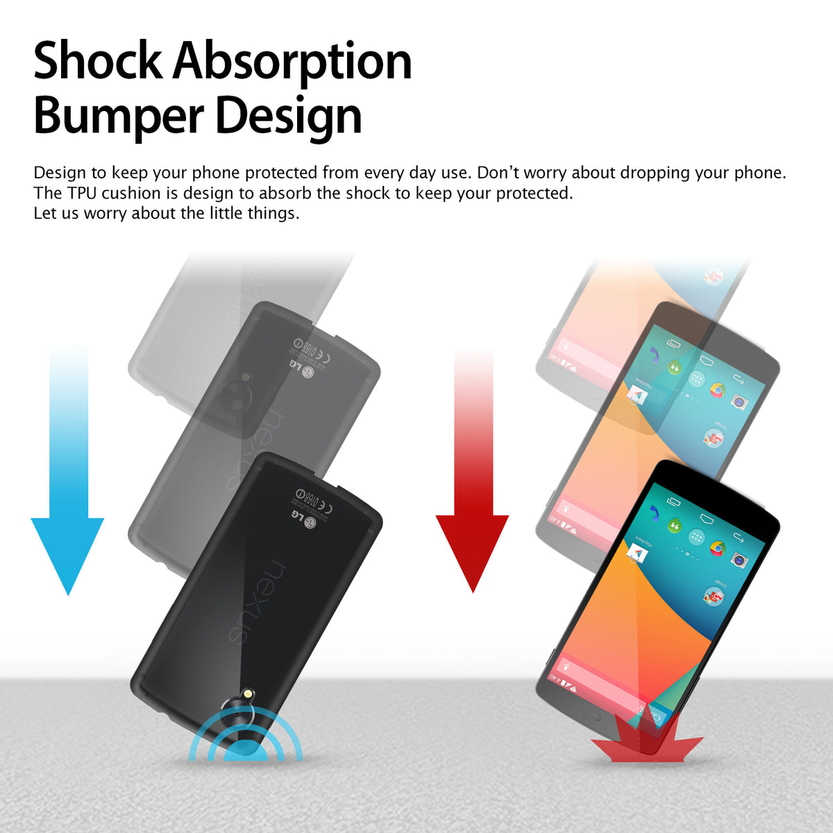 Google Nexus 5 Case | Fusion - Black - Two Nexus 5 phones falling, one with a protective case absorbing impact.
