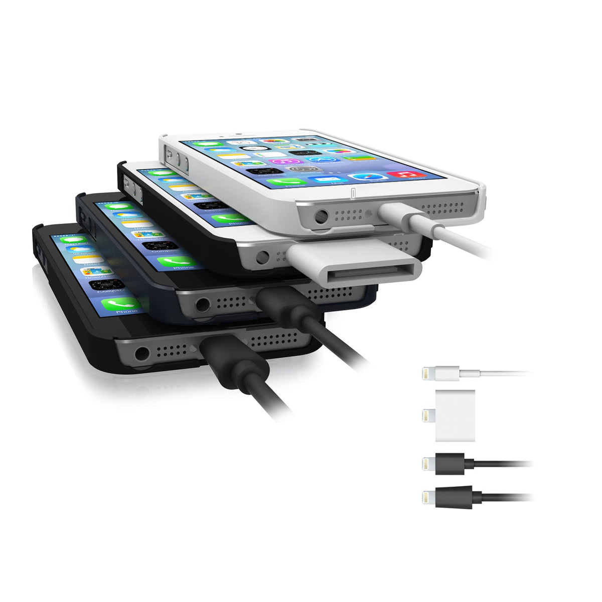 iPhone SE / 5s / 5 Case | Slim Logo-Cut - Stack of three iPhones in slim cases, each connected to different charging cables.