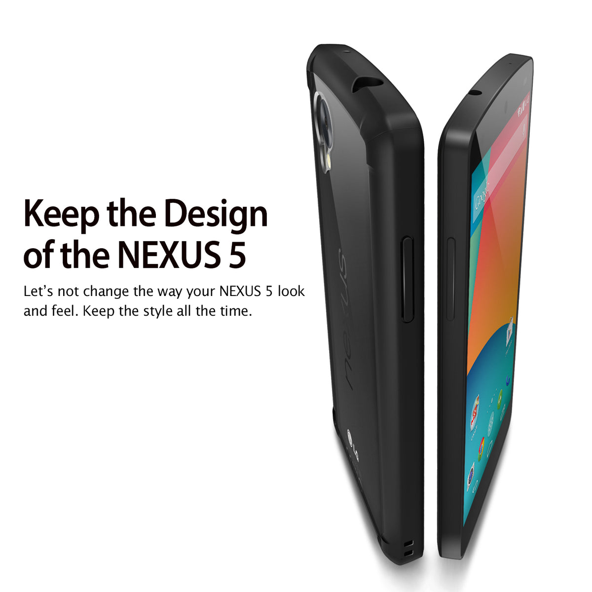 Google Nexus 5 Case | Fusion - Black - Two views of a black Nexus 5 phone showing the slim protective case design.