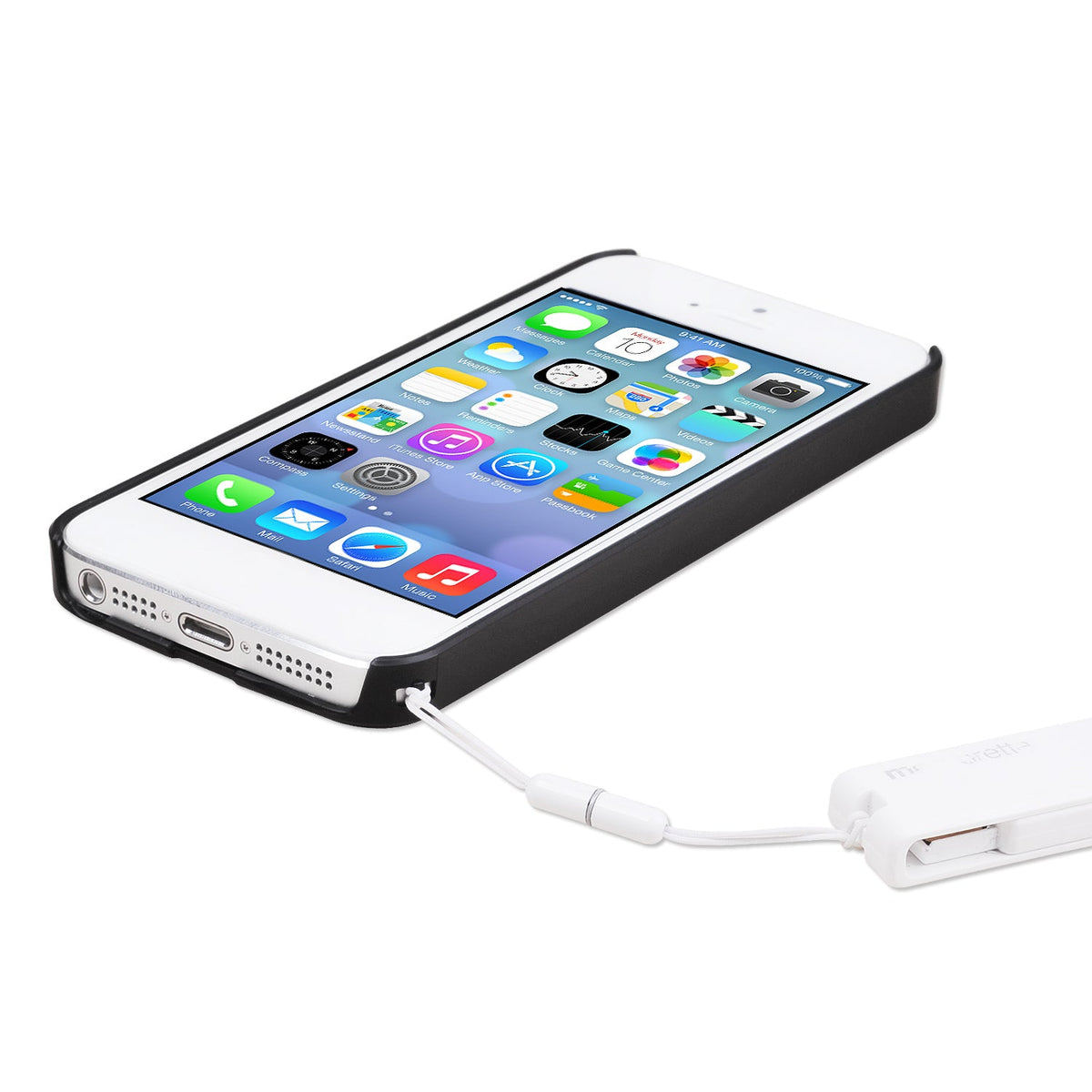 iPhone SE / 5s / 5 Case | Slim Logo-Cut - White iPhone in a black slim case with a white lanyard attached to a small device.